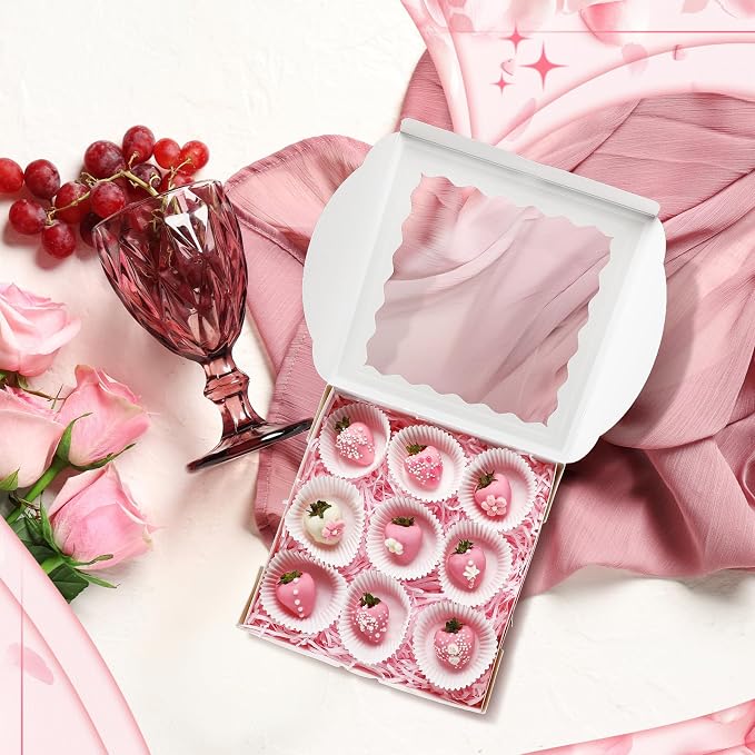 20 Pack Mother's Day Chocolate Covered Strawberry Boxes with Window 9 x 9 x 2.5 Inches Cookie Bakery Bulk White Macarons Treat Gift Boxes for Muffins Dessert Party Favors