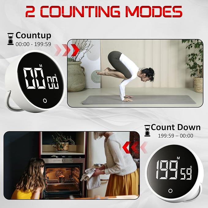Digital Kitchen Timer, Magnetic Countdown Pomodoro Timer, Large LED Display, Rotary Twist Dial, Non Slip, Back Stand, Ideal for Cooking, Classroom, Study, ADHD, Productivity