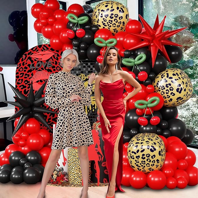 Red Black Balloons Garland Arch Kit, 133pcs Green Cherry Black Red Explosion Star Foil Balloons, 4D Cheetah Print Mylar Balloons for Berry Themed Birthday Baby Shower Bachelorette Party Decorations