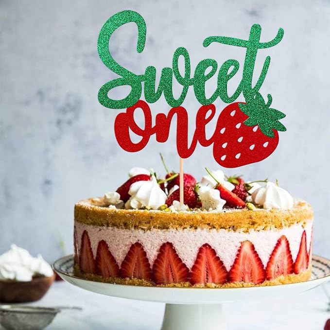 1 PCS Strawberry Sweet One Cake Topper Fruit Theme 1st Birthday Cake Pick Baby Shower Strawberry Cake Decoration for Baby Shower Kids First Birthday Anniversary Party Decorations Supplies Green Red
