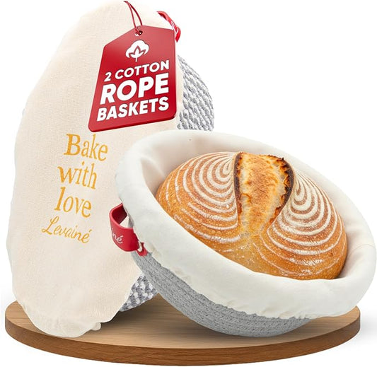 Levainé 2 Pack Cotton Rope Banneton Bread Proofing Basket Set, Round & Oval Sourdough Proofing Baskets with Liners and Covers, Washable Bread Baking Supplies for Homemade Artisan Bread