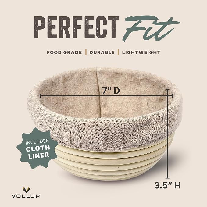 Vollum Banneton Bread Proofing Basket & Liner – Handmade Rustic Sourdough Bread Baking Supplies, Brotform Basket, Sour Dough Tools, Gifts for Bakers - Round - 7"D x 3.5"H