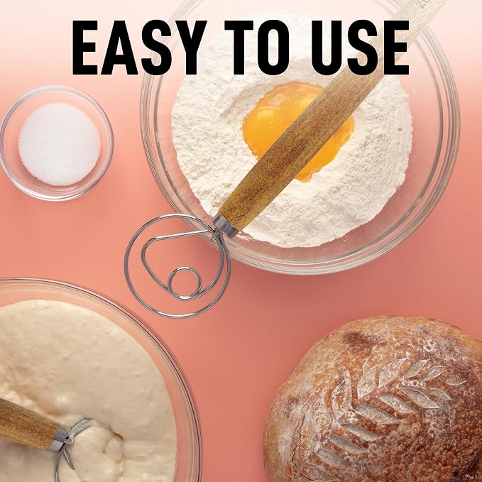 Zulay Kitchen 13-Inch Danish Dough Whisk - Stainless Steel Wooden Whisk with Dough Hook - Sourdough Whisk for Bread, Pizza, Pastry, Cake Batter & More - Acacia