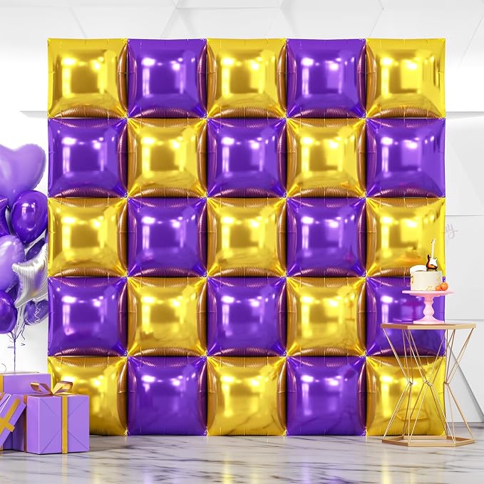 NISOCY 25PCS Purple Gold Square Foil Balloons Wall Backdrop Double Sided Gold Purple Balloons Arch Kit for Birthday Anniversary Graduation Prom Engagement Baby Bridal Shower Party Decorations