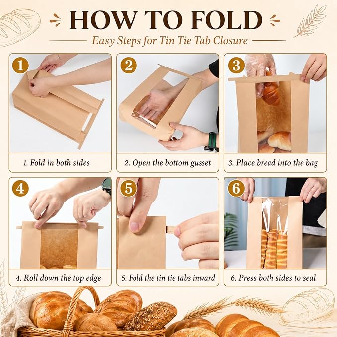 NPLUX 50 Pack Sourdough Bread Bags for Homemade Bread with Tin Tie Tab Lock Bakery Bags with Window kraft Bag for Toast Sandwich Cookie Snacks, Graduation Gift Bags(8.27x13.6x3.54In)