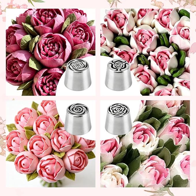 Large Flower Russian Piping Tips Set, Stainless Steel Rose Floral Pastry Nozzles for Buttercream Cupcakes Cookies Fondant, Include 4 Flower Frosting Nozzles Icing Tips and 1 Cleaning Brush