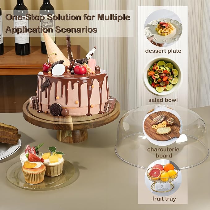 Acacia Wood Cake Stand with Lid, 2-In-1 Cake Plate with Acrylic Lid, 12in Round Dessert Table Display Set, Raise Dome for Charcuterie Board, Cheese, Chips & Dips, Nachos, Fruit Platter (12in)