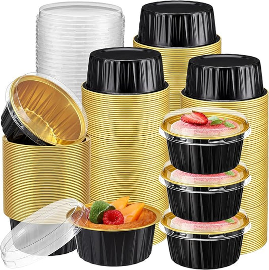 Gejoy 400 Pcs Aluminum Foil Baking Cups with Lids 5 oz Disposable Ramekins Mini Cake Pans Creme Brulee Cupcake Liners Muffin Dessert Container for Wedding Birthday Party (Elegant,Black Color)