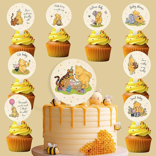 Woodamore Pooh Cupcake Toppers Birthday Decorations - Pooh Bear Baby Shower Cupcake Toppers, Cup Cake Topper For Pooh Baby Shower Decorations Ideas