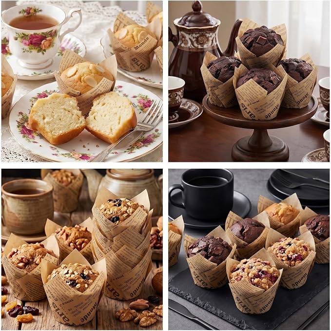 200 Pcs Newspaper Tulip Cupcake Liners for Baking, Natural Color | Standard Greaseproof Tulip Muffin Liners for Baking, 3oz Newspaper Paper Cupcake Wrappers for Party Wedding Birthday