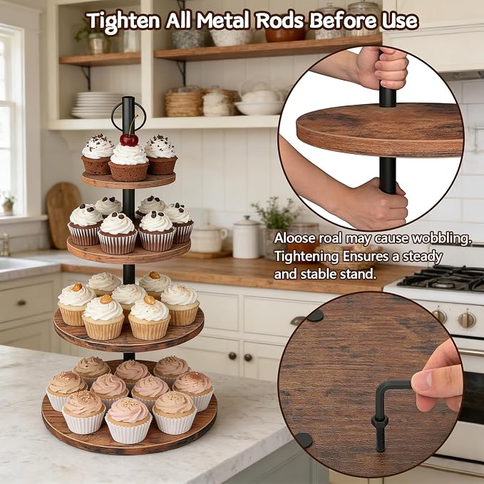 Cupcake Stand, 4 Tier Cake Stands Rustic Wood Cupcake Tower Round Tiered Tray Stand for Dessert Table Display, Industrial Wooden Serving Stand Wedding, Graduation and Baby Shower