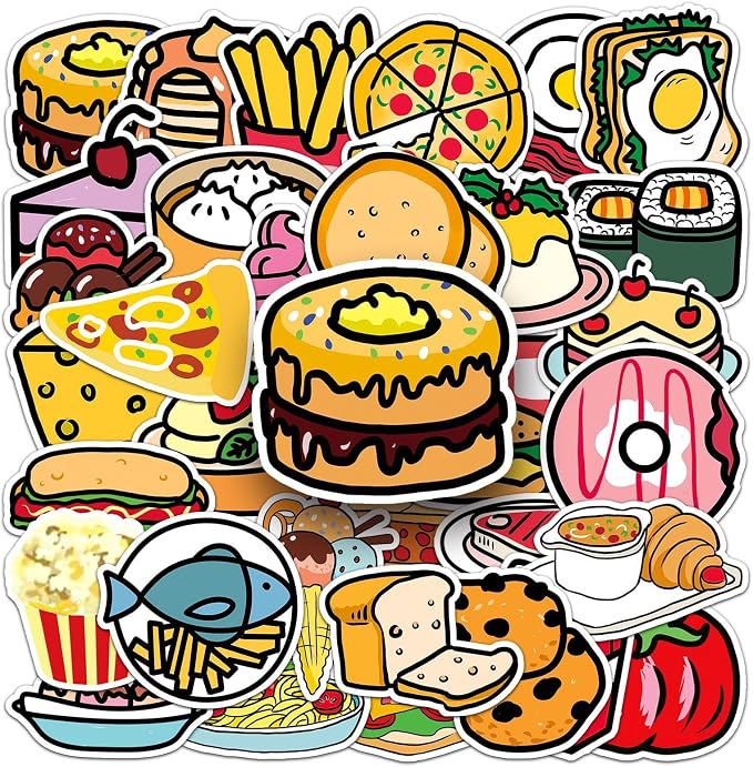 50 Pcs Cute Cartoon Food Stickers - Kawaii Doodle Vinyl Decals for Kids, Teachers, Journal & Laptop Decor - Waterproof Fun Sticker Pack (Cartoon Food)