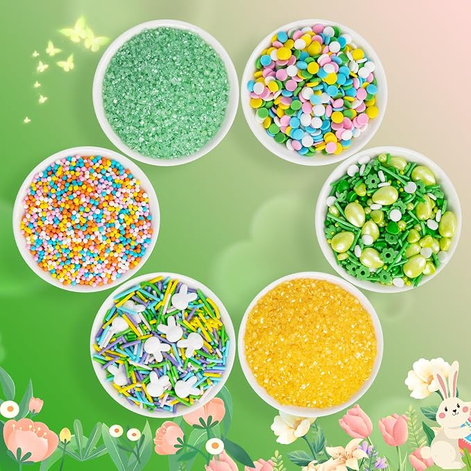 Edible Sprinkles for Cake Decorating,6 Cell-6.7oz,Light Green and Yellow Sanding Sugar,Rainbow Round Confetti,White Rabbit,Pastel Color Sugar Jimmies,Nonpareils,Green Pearls,Green Eggs Sprinkle,Cake Decorations for Baking,Desserts,Cupcakes,Ice Cream,Co...