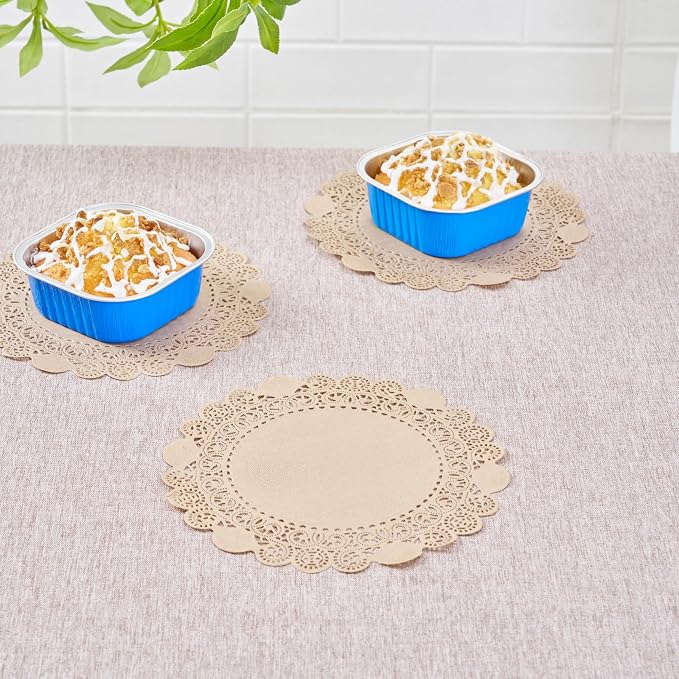 Pastry Tek 8 x 8 Inch Paper Lace Doilies, 100 Disposable Table Doilies - Elegant Lace Finish, Long Lasting, Kraft Paper Doily, for Pastries, Cupcakes, Desserts - Restaurantware
