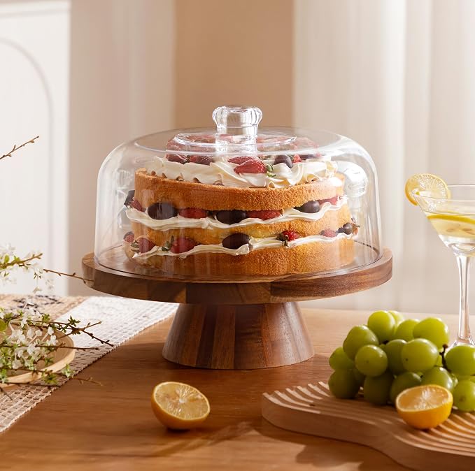 Farmyards Acacia Wood Cake Stand with Acrylic Dome Lid - 12in Acacia Wood 2-in-1 Footed Round Cake Holder, Cake Plate Display with Cover for Baking Gifts, Large Dessert Table Display Set & Charcuterie Board for Parties