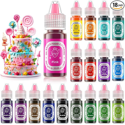 Upgraded 18 Color Oil Based Food Dye Coloring for Chocolate Candy Cake - Edible Food Coloring for Cake Decorating Baking Cake Color for Cookie Icing Frosting Fondant Meringues Bottles (L)