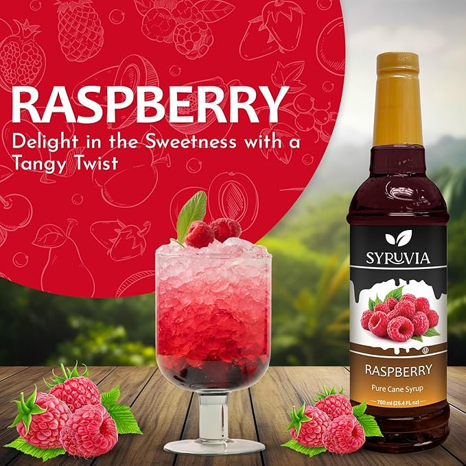 Syruvia Raspberry Syrup, Flavored Syrup for Cocktails, Fruit Drinks, Lemonades, and Desserts – 25.4 fl oz - with Pump