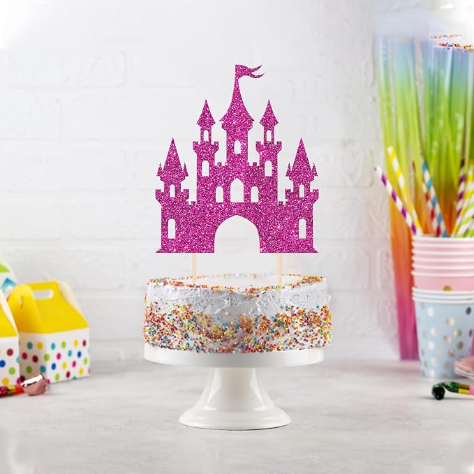 1 PCS Castle Cake Topper Glitter Princess Cake Topper Castle Theme Birthday Party Decoration Princess Happy Birthday Cake Decoration for Baby Shower Girls Princess Birthday Party Supplies Rose Red