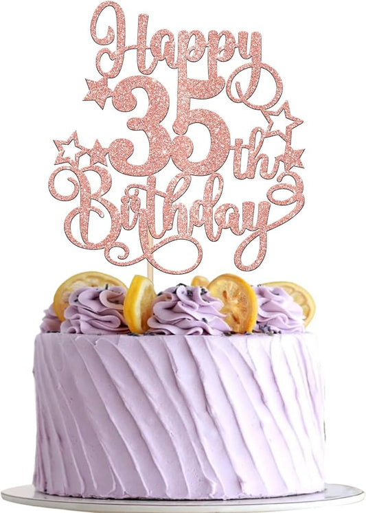 1 PCS Happy 35th Birthday Cake Topper Glitter Cheers to 35 Years Birthday Cake Pick Hello 35 Fabulous Cake Decoration for Happy 35th Birthday Anniversary Party Decorations Supplies Rose Gold