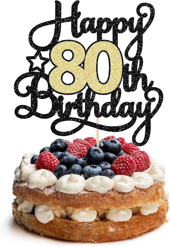 1Pc Happy 80th Birthday Cake Topper Black Gold Glitter Cheers to 80 Years Cake Pick 80th Birthday Cake Decoration for Happy 80th Birthday Anniversary Party Supplies
