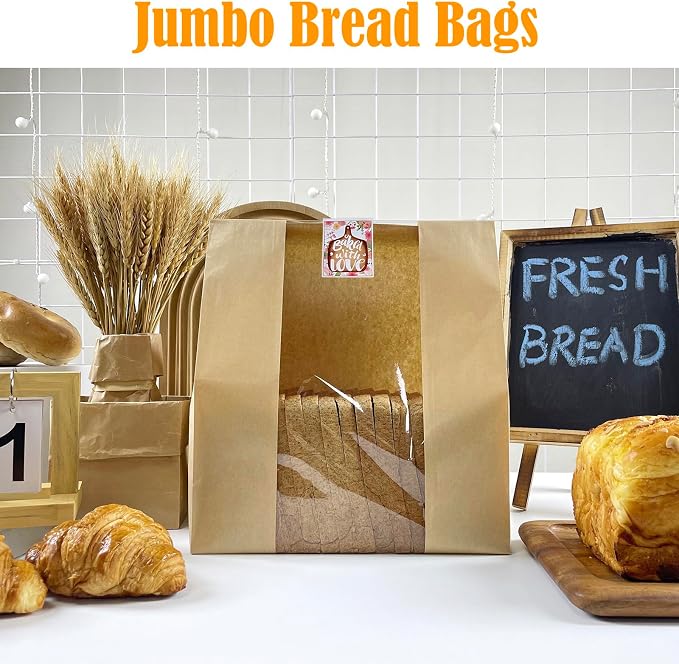 15.7x10.2x5.1in Extra Large Paper Bread Bags for Homemade Bread with Window&Sticker for Supersized Sourdough Bread, Oversized Bread Loaf, Baked Goods, Packaging for Gifting-Brown Kraft 50Pcs