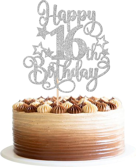 1 PCS Happy 16th Birthday Cake Topper Glitter Cheers to 16 Years Birthday Cake Pick Hello 16 Fabulous Cake Decoration for Happy 16th Birthday Anniversary Party Decorations Supplies Silver