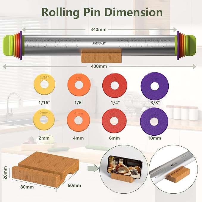 Stainless Steel Rolling Pin with Thickness Rings and Pastry Baking Mat, 13.6" Adjustable Rolling Pin Dough Roller for Baking Cookie Pizza, Comes with Large Silicone Pastry Mat and Wooden Stand
