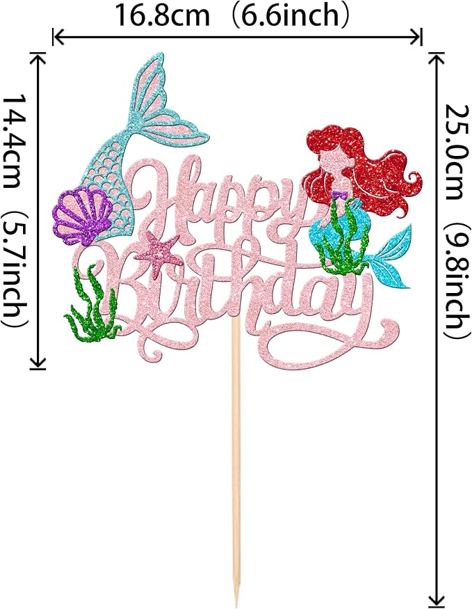 1 PCS Mermaid Cake Topper Glitter Mermaid Happy Birthday Cake Pick Starfish Seawood Seashells Mermaid Tail Cake Decoration for Under the Sea Theme Baby Shower Birthday Party Supplies Light Pink