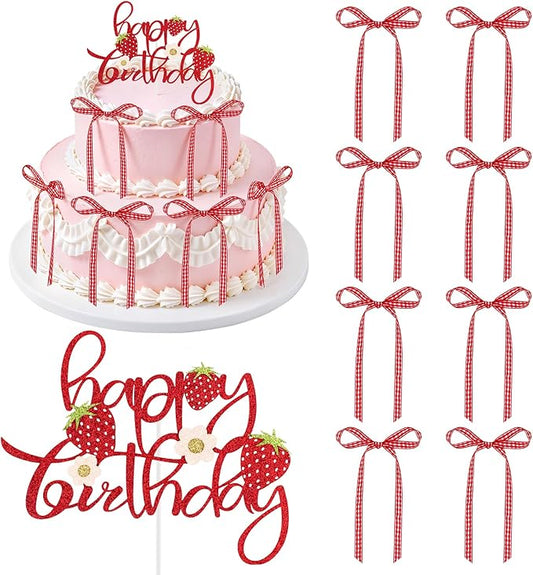 Hooqict 7Pcs Strawberry Cake Decorations Set with Happy Birthday Cake Toppers and Bows for Girls Sweet Strawberry Baby Shower Berry 1st Birthday Party Decorations Supplies