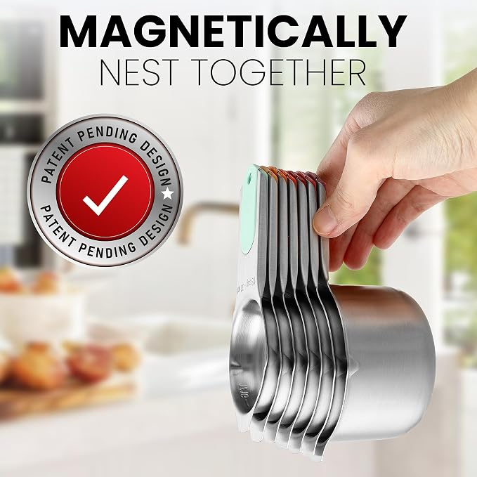 Spring Chef Stainless Steel Magnetic Measuring Cups, Set of 7 & Heavy Duty Magnetic Measuring Spoons, Set of 8 with Leveler - 2 Product Bundle - Desert Sunset
