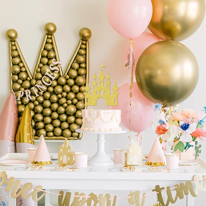 1 PCS Castle Cake Topper Glitter Princess Cake Topper Castle Theme Birthday Party Decorations Queen Castle Cake Pick for Princess Prince Birthday Baby Shower Party Cake Decorations Supplies Gold