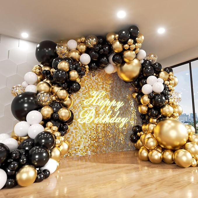 Black and Gold Balloon Arch Kit, ADOINBY 140Pcs Black White Metallic Gold Confetti Latex Balloons 18 12 10 5 Inch Different Size Balloons for Birthday Anniversary Graduation Wedding Party Decorations
