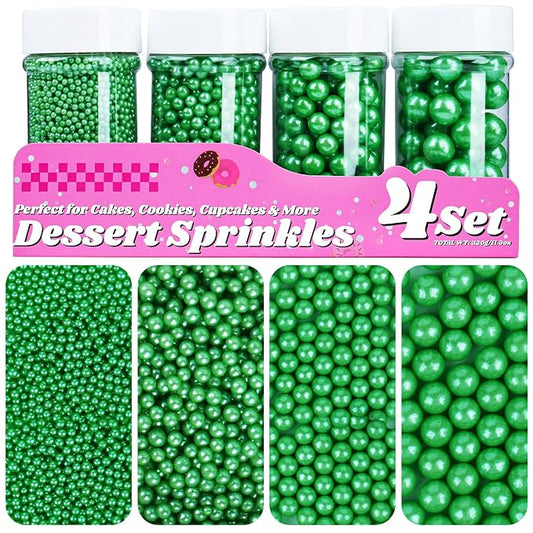 Green Pearl Sprinkles for Cake Decorating, 11.3oz/320g Edible Pearls Sugar 4 Jars Set for Baking Cupcakes Cookies