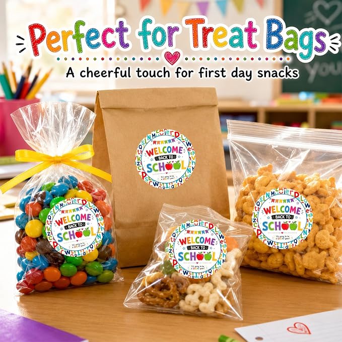 Back to School Stickers 60pcs, Welcome Back to School Round Sticker Labels for Teacher Gifts to Students, Classroom Rewards, First Day Treat Bags, Candy Bags, School Party Favors
