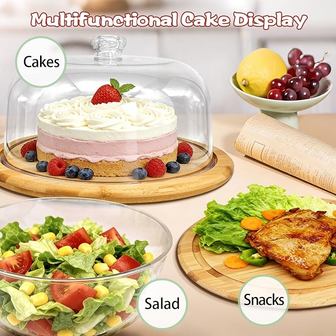 Bamboo Cake Stand with Dome Lid, 12in Rotating Wood Cake Holder Round Cake Plate, 2-in-1 Wooden Serving Platter Charcuterie Board Dessert Table Display Set for Birthday Wedding Party Kitchen