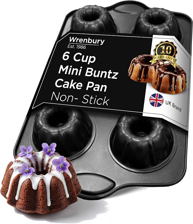 Wrenbury Nonstick Mini Buntz Cake Pan Non Stick for Baking Fluted Cake Tin | 6 Cup Bundlette Tray for Small Cakes - PFOA Free and Dishwasher Safe - 3.75” Cup Width