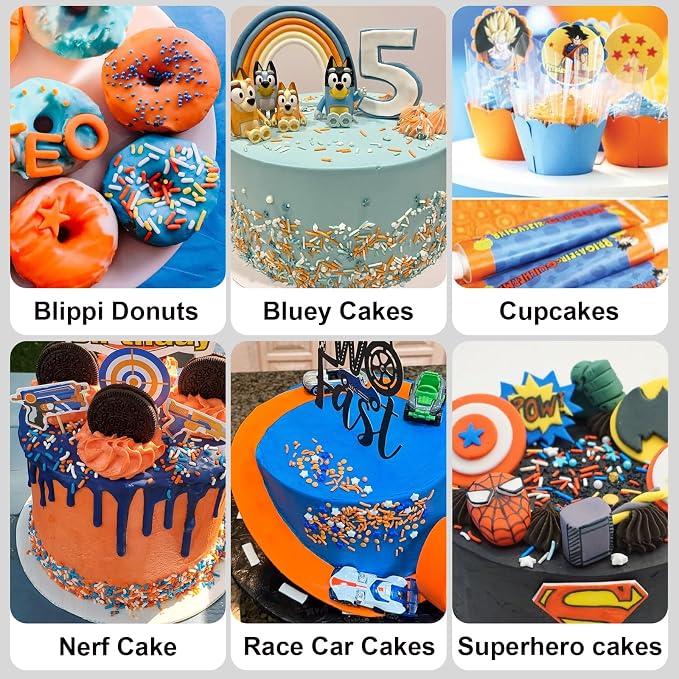 HUEBEATY 6-in-1 Carton Party Sprinkles for Cake Decorating – 180g Blue and Orange Birthday Sprinkles with Jimmies, Nonpareils, Stars, Pearls & Sugar Crystal – Edible Cakes, Cupcakes, Cookies & Ice Cream Topper Decorations for Birthday Parties