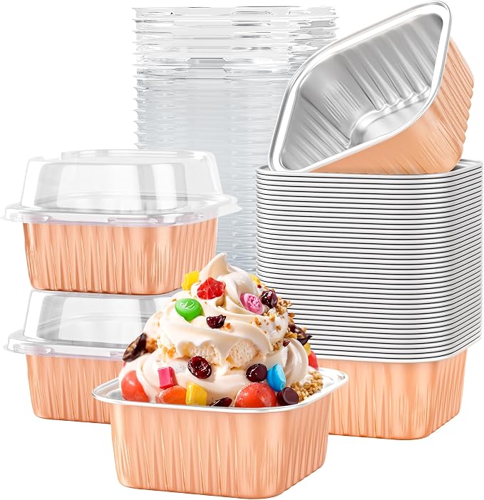 40 Pack 5 OZ Mini Cake Pans with Lids, Disposable Square Aluminum Foil Brownie Baking Cup, Mini Aluminum Foil Cupcake Muffin Tin Ramekins, Dessert Cake Containers for Wedding Birthday Party, Champagne