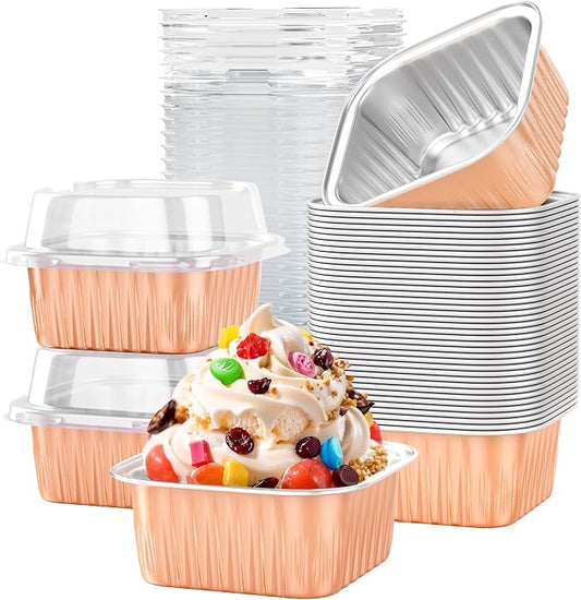 40 Pack 5 OZ Mini Cake Pans with Lids, Disposable Square Aluminum Foil Brownie Baking Cup, Mini Aluminum Foil Cupcake Muffin Tin Ramekins, Dessert Cake Containers for Wedding Birthday Party, Champagne