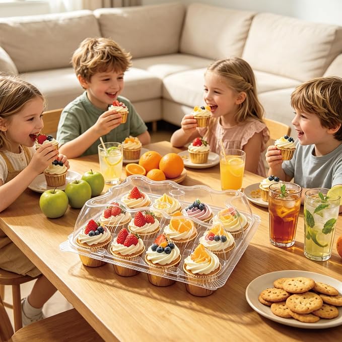 12 Packs × 20 Sets Disposable Plastic Cupcake Containers,Stackable CupCake Holders with lid with 240 Pack Cupcake Liners,Ideal for Baking,Parties,or Storage.