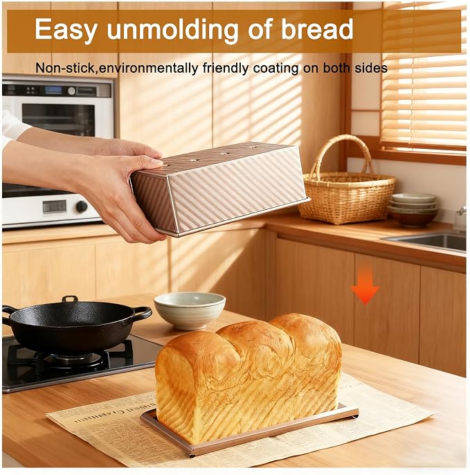 pullman loaf pan with lid - Rectangle bread pans for homemade bread - 2.2Lb Non-Stick loaf baking pans - Carbon Steel Toast Box with Oven Mitts