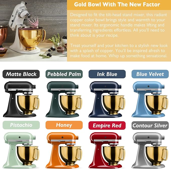 5 Quart Metallic Finish Stainless Steel Mixer Bowl for KitchenAid Classic&Artisan Series 4.5-5 QT Tilt-Head Mixer, Copper Color, Silicone Scraper, Dishwasher Safe, Fit K45SS KSM75 KSM90 KSM150