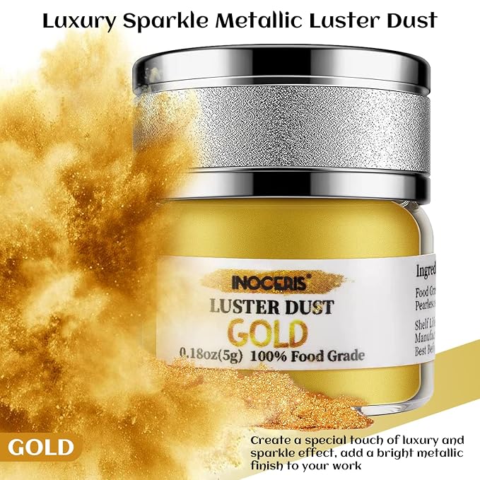 INOCERIS Edible Luster Dust, 5 Grams Food Grade Gold Cake Dust Shimmer Metallic Gold Food Coloring Powder for Cake Decorating, Baking, Fondant, Chocolate, Candy, Drinks, Cookies