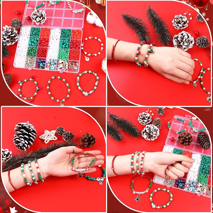 Wuollgess 2600 PCS Christmas Beads, Clay Beads Kit, Pony Beads and Glass Seed Beads for Jewelry Making, Bracelet Making Kit with Christmas Charms for Bracelets Gift Garland Decor