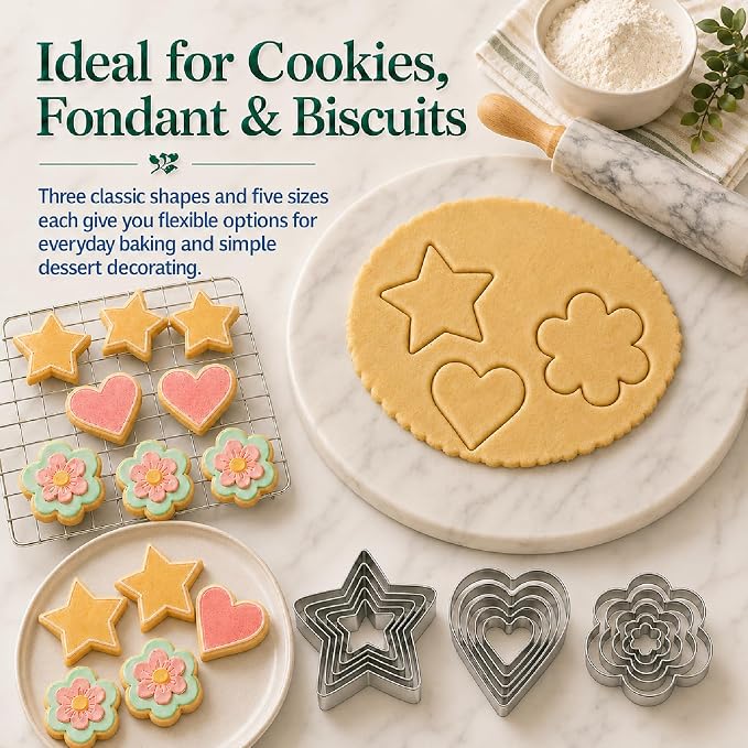 15-Piece Stainless Steel Cookie Cutters Set, Flower Heart & Star Shapes in 5 Sizes Each, Reusable Metal Baking Molds for Cookies, Fondant, Cakes, Pie Crusts, Sandwiches, Fruit, Cheese & DIY Crafts