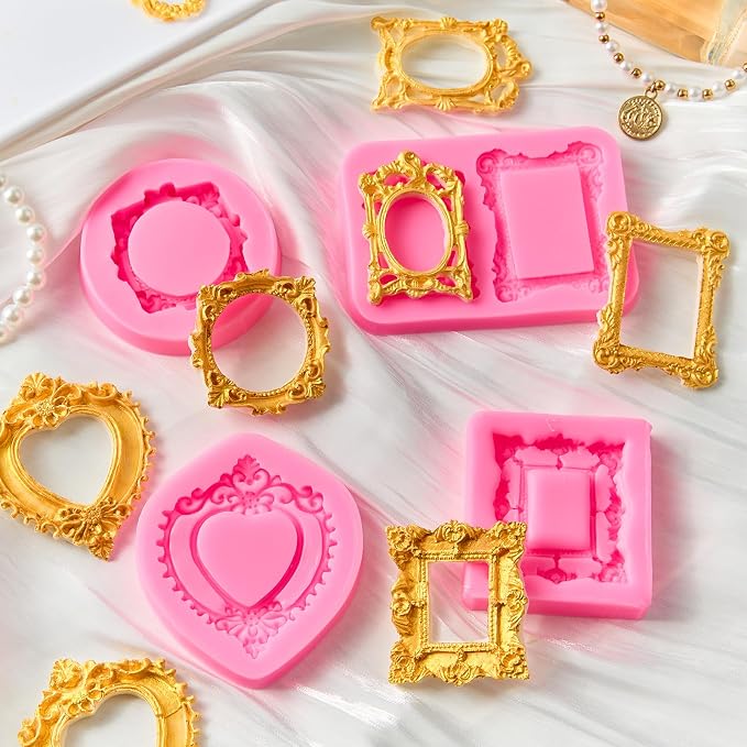 Puyeipt 4 Pcs Photo Frame Silicone Molds, Baroque Style Picture Photo Frames Fondant Molds for Cupcake Topper, Chocolate, Candy, Donut Cake Puck Decoration and Clay Craft Making