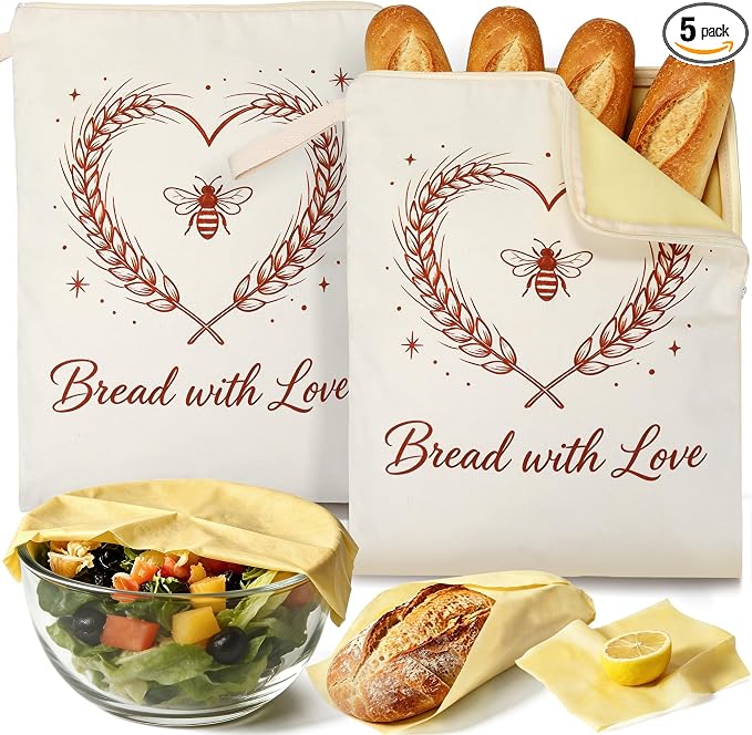 2-Pack Beeswax Bread Bags & 3 Wraps for Sourdough & Homemade – L-Zipper | Natural cotton, 17x13 in bag with wide L-zipper. Includes 3 wraps S/M/L. Reusable, freezer safe, washable, keeps bread fresh.