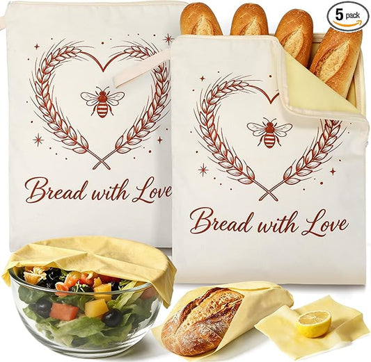 2-Pack Beeswax Bread Bags & 3 Wraps for Sourdough & Homemade – L-Zipper | Natural cotton, 17x13 in bag with wide L-zipper. Includes 3 wraps S/M/L. Reusable, freezer safe, washable, keeps bread fresh.