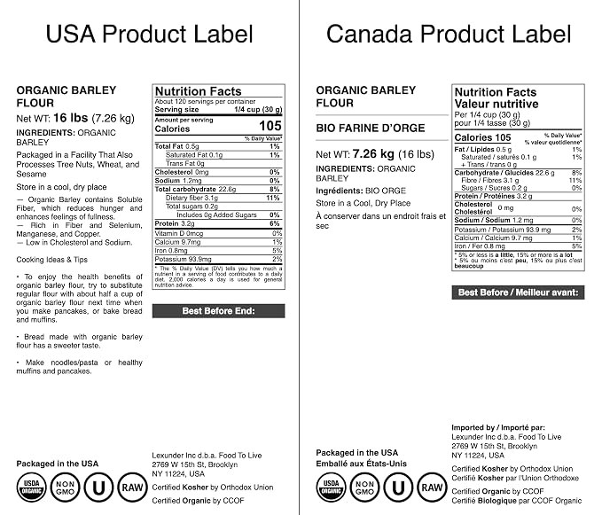 Food to Live Organic Barley Flour, 16 Pounds – Non-GMO, Stone Ground from Whole Hulled Barley, Fine, Kosher, Vegan, Bulk. Rich in Fiber. Perfect for Flour Blends. Great for Baking. Product of the USA.