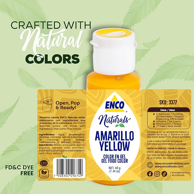 ENCO Natural Food Coloring Gel Yellow (1.41 oz) – No Artificial Dyes, Vibrant Colors for Icing, Buttercream & Fondant – Kosher & Vegan Colors – Baking & Cake Decorating